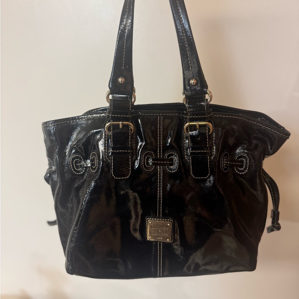 Dooney & Bourke Black Patent Shoulder Bag with Gold Hardware